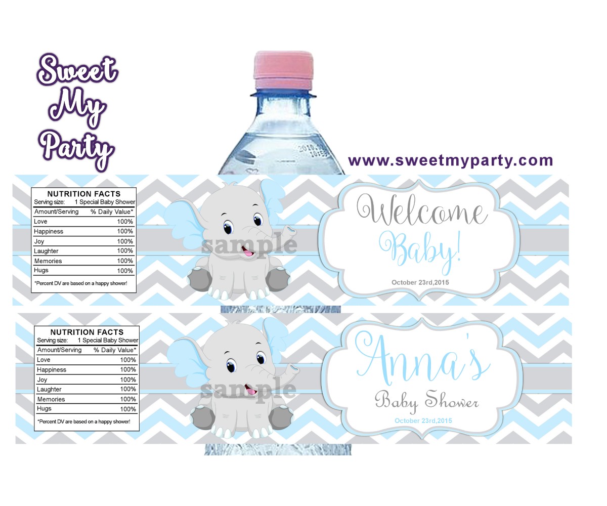Blue and Grey Elephant Baby Shower water bottle labels,(8ebb)